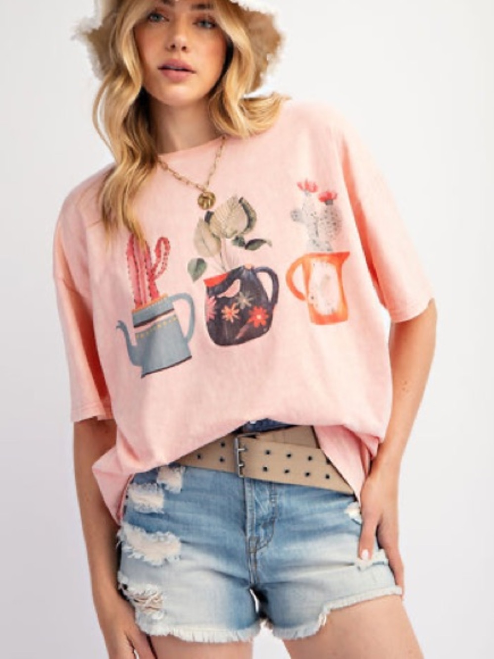 Pink Graphic Tee with Watering Can Motif - Women's Top